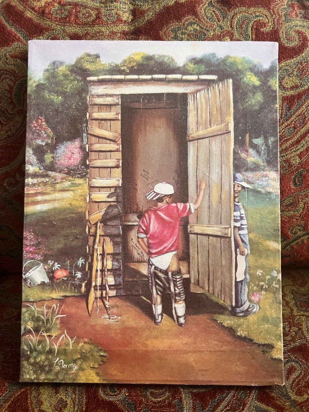 Authentic 1998 LaDonna Genuine Lithograph On Canvas titled "Outhouse Painting"